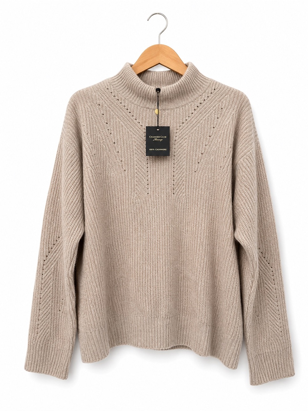 Charter Club Luxury 100% Cashmere Mock Neck Sweater Taupe Oatmeal NWT Large